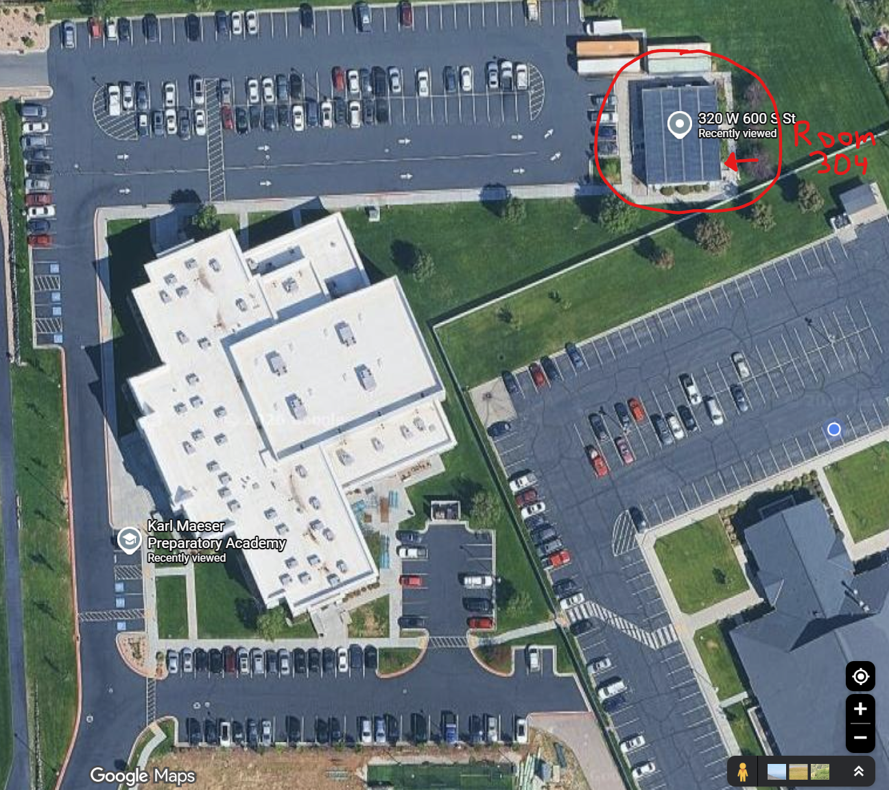 Annotated map showing Room 304's building at 320 W 600 S St, Lindon, UT